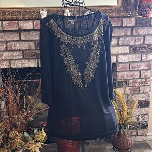 Ecote Black Knit Beaded Top Boat Neck 3/4 Sleeves Sz L